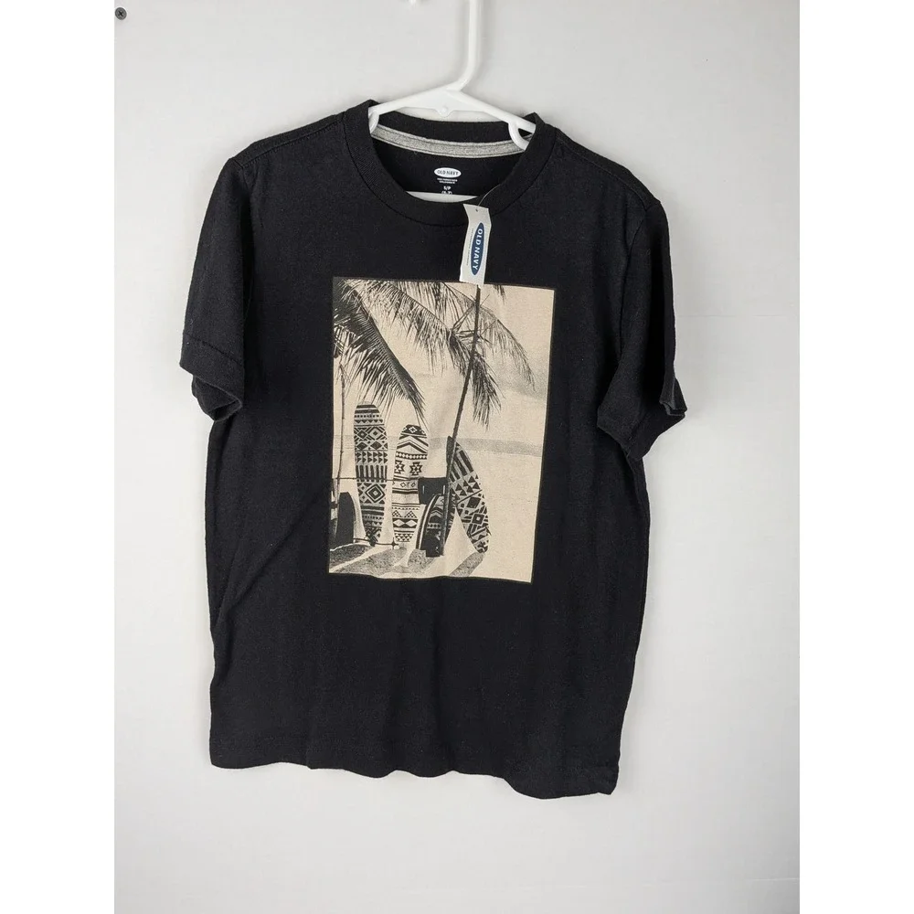 Kids Old Navy Black Surfboard‎ Palm Tree Graphic T Shirt Size S P 6 7